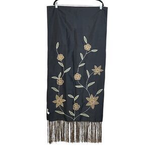 Lord & Taylor Vintage Black Silk Floral Embroidered Shawl with Fringe